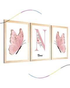 quadro decorativo infantil personalizado borboletinhas cor de rosa fofa menina quarto 3 peças