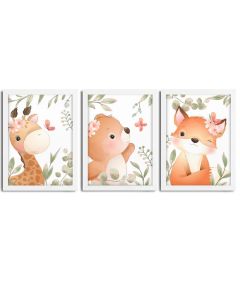 Kit 3 Quadros infantil Menina Savana aquarela 20x30 cada peça girafa raposa urso