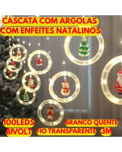 Cascata De Led 3M 100 Leds Bivolt Branco Quente Fio Transparente Com Argolas Com Enfeites Natalinos