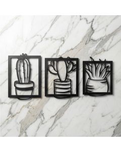 Kit 3 Quadros Cactos Suculentas Vazado MDF Preto 3D Decoração Parede Sala Quarto Boho Minimalista