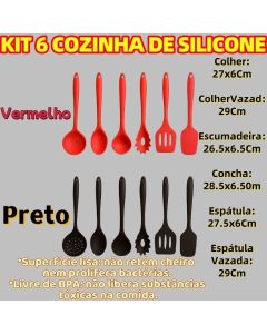 Kit 6 Peças De Silicone Concha Espátula Escumadeira Colher Vazada Para Cozinha Preto Ou Vermelho