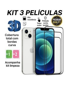 Kit 3 pelicula de vidro temperado 3D 9H peliculas iPhone 11 12 13 14 15 16 17 18 Air Pro Max Plus