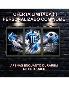 Kit 3 Quadros Decorativos Infantil Futebol, Personalizado com Nome, Camisa, Chuteira, Bola, Quarto