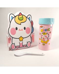 Kit Lancheira Infantil Unicórnio Marmita 700ml com 3 Divisórias Talher + Copo com Tampa Antivazamento