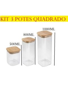 Kit Com 3 Potes Acrílico Com Tampa Quadrado Plástico Super Vedação Transparente 800ml 500ml 1000ml