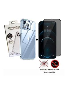 Capinha Space + Kit 2 Pelicula Vidro de Privacidade iPhone 11 12 13 14 15 16 17 Air Pro Max Plus