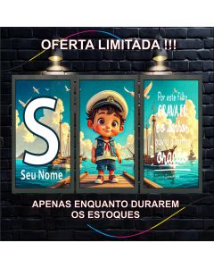 Quadro Decorativo Infantil Marinheiro Personalizado, 3 Peças, Tema Náutico, Arte para Quarto menino