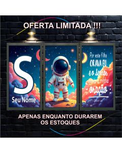 Quadro Decorativo Astronauta Infantil, Tema Espacial, 3 Peças com Mensagem Bíblica, Personalizado