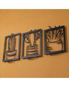 Trio Quadros Cactos Suculentas MDF Preto 3D Vazado Parede Decoração Sala Quarto Boho Escandinavo