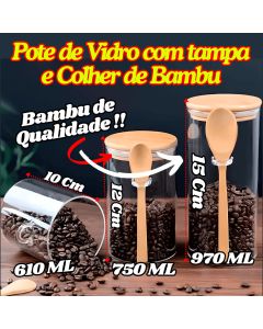 Pote De Vidro Hermético Com Tampa E Colher De Bambu Redondo Organizador Multiuso De Cozinha