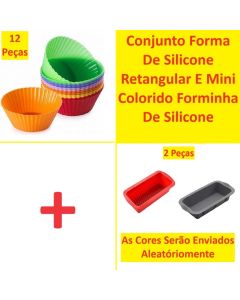 OFERTA Conjunto Formas De Silicone Com 12 Forminhas 6,5x3X4,5Cm e Kit 2 Formas De Bolo Pão 24x13cm Bolo Cupcake