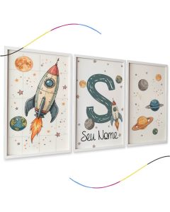 Quadros Decorativos Infantis Astronauta, Foguete e Planetas, Personalizável com Nome, Kit 3 Peças