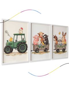 Conjunto de 3 Quadros Decorativos Infantis, Tema Fazendinha com Trator e Animais, Aquarela