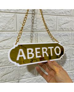 PLACA ABERTO E FECHADO COM CORRENTE E VENTOSA EM ACRILICO ESPELHADO