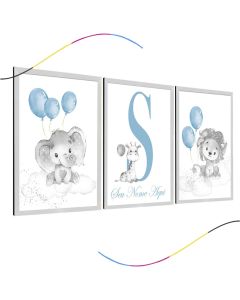 quadro decorativo infantil personalizado elefantinho elefante leãozinho leão personalizado menino menina 3 peças