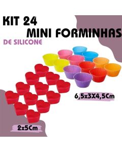 Conjunto 24 Mini Forminhas Silicone Coração Cupcake 2x5Cm E 6,5x3X4,5Cm Colorido Doces Circular