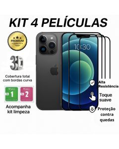 Kit 4 Pelicula de Vidro Temperado 3D Película Iphone XR 11 12 13 14 15 16 17 18 Air Pro Max Plus