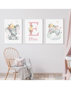 quadro decorativo infantil personalizado elefantinho princesa 3 peças