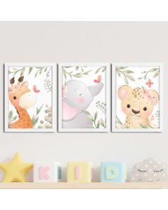 Kit 3 Quadros infantil Menina Savana aquarela 20x30 cada peça zebra elefante onça