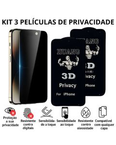 Kit 3 Películas Privacidade Fosca 9H Cerâmica iPhone Anti-Espião Proteção de Tela Todos os Modelos