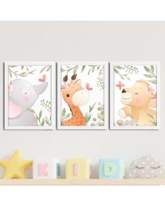 Kit 3 Quadros infantil Menina Savana aquarela 20x30 cada peça elefante zebra