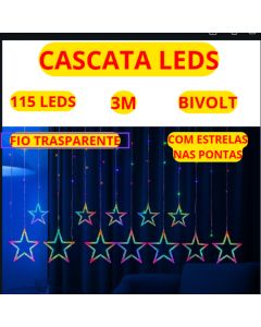 Cascata Estrelas 115 Leds 3 Metros Fio Transparente Bivolt Colorido Com Estrelas Nas Pontas