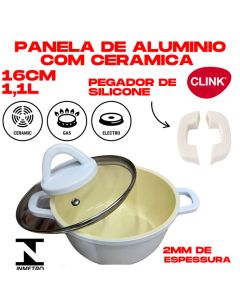 Panela Caçarola 1,1L 16CM Antiaderente Revestimento De Cerâmica Branca 2MM Com Pegador De Silicone