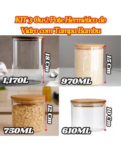 KIT 3 Ou 2 Potes De Vidro Hermético Com Tampa De Bambu Redondo Organizador Multiuso De Cozinha