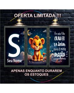 Quadro Decorativo Infantil Leãozinho, 3 Peças, Personalizado com Nome, Versículo Samuel 1:27, Leão