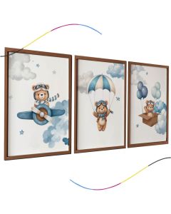 Conjunto de 3 Quadros Decorativos Infantis com moldura Urso Aviador em Azul Arte para Quarto de Bebê