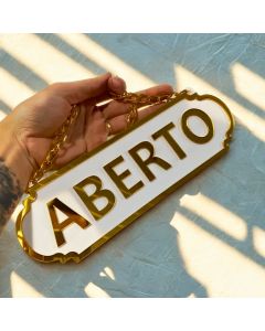 PLACA ABERTO E FECHADO COM VENTOSA E CORRENTE EM ACRILICO ESPELHADO