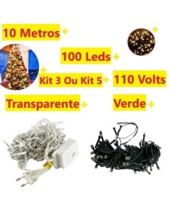 Kit 5 Ou 3 Caixa 100 Leds Pisca Fio Transparente Ou Verde 110V E 10M 8 Funções Natalino Decorativo