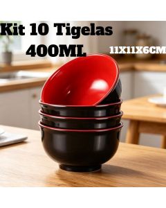 Kit 10 Tigelas 400ML 11X11X6CM Tigela Média De Melamina Durável Preto E Vermelho