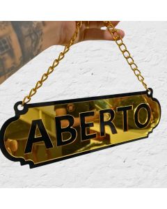 Placa Dupla Face Aberto Fechado Acrílico Espelhado com Corrente e Ventosa