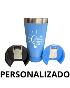 Personalizado - Bluetooth - Copo Térmico Som Led e TAMPA com ABRIDOR (420 ml) - Azul Claro