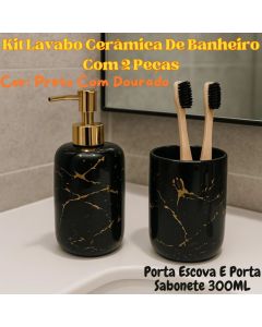 Kit 2 Peças Lavabo Cerâmica De Banheiro Porta Escova E Porta Sabonete 300ML Preto Com Dourado