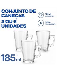 Kit 3 OU 6 Canecas 185ML Resistente De Vidro Transparente Elegante Chás Cafe Cozinha