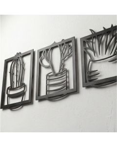Quadros Decorativos Cactos Suculentas Trio MDF Preto 3D Vazado Parede Sala Quarto Boho Minimalista