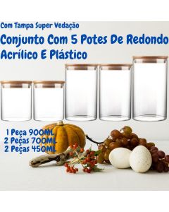 Conjunto Com 5 Potes Plástico E Acrílico Redondo 450ml 900ml E 700ml Com Tampa Super Vedação