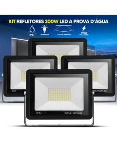 Kit Refletor LED 200W Holofote Slim Bivolt IP67 Luz Branco Frio 6500K Alta Potência à Prova D'Água