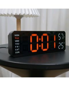Relógio Digital Luminoso De Mesa 23x7,5Cm Letras Laranja Semanal Alarme Com USB Temperatura Led