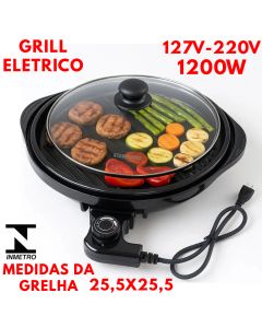 Grill Eletrico Redondo 1200W 127V Ou 220V Versátil Moderna Termostato Ajustável