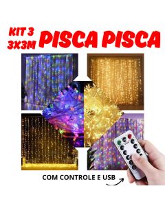 Kit 3 Caixas Pisca Pisca Cascata 3x3M Fio Transparente Amarelo Colorido Natalino Controle