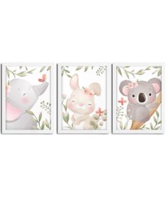 Kit 3 Quadros infantil Menina Savana aquarela 20x30 cada peça coelho elefante