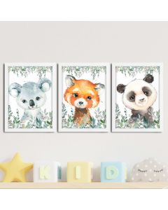 Kit 3 Quadros infantil Menina Savana aquarela 20x30 cada peça panda urso raposa coala