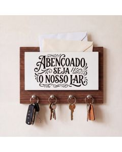 Porta Chaves e Cartas de Parede Decorativo MDF Amadeirado Organizador 4 Ganchos Entrada Casa