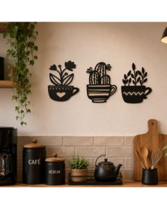 Aplique Quadro Decorativo Cactos Xícaras MDF 3mm Preto