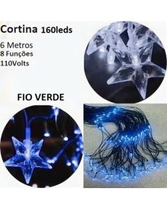 Cascata Cortina 160 Leds 110V 6M 8 Funções Rede Com Estrela Na Ponta Pisca Pisca Fio Verde