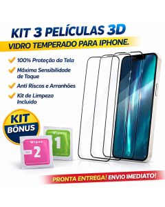 Kit 3 Película de Vidro Temperado 3D pra iPhone 11 12 13 14 15 16 17 18 Air Plus Pro Max