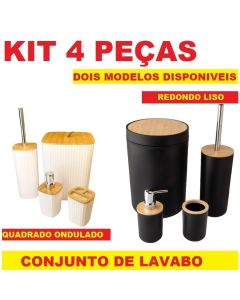 Kit Banheiro 4 Peças Quadrado Ondulado E Redondo Liso Preto Ou Branco Tampa De Bambu Para Decoração